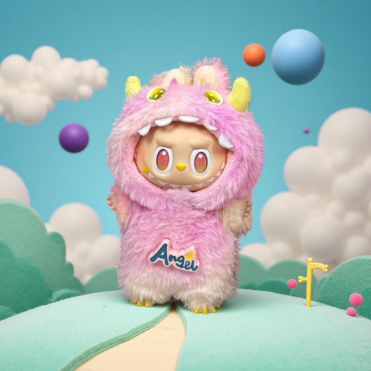The ZoDoll Labubu Pink Fluffy Monster Onesie Doll Costume with Angel Patch features horn details and is displayed against a vibrant, cloud-filled background with floating spheres.