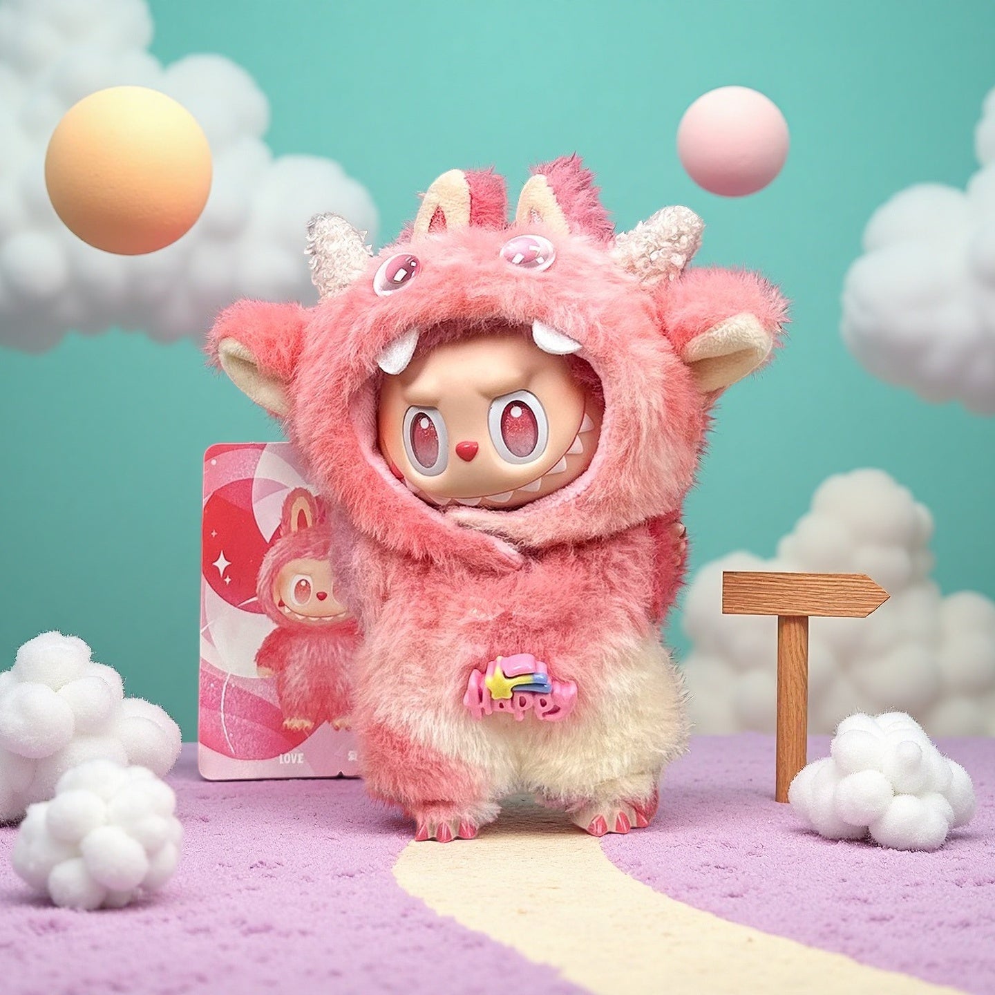 The ZoDoll Labubu Pink Fluffy Monster Onesie Plush Doll stands on a pastel path with clouds, a wooden sign, and a matching character card in the background.