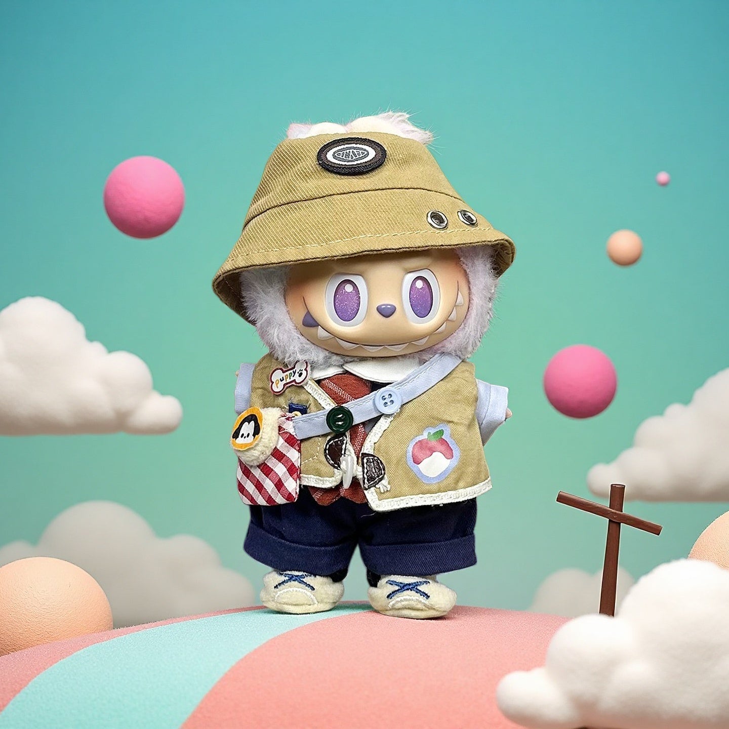 The ZoDoll Labubu Doll wears a Khaki Explorer Outfit Set with a bucket hat and patch vest, standing on a pastel landscape with clouds and floating spheres against a teal sky.