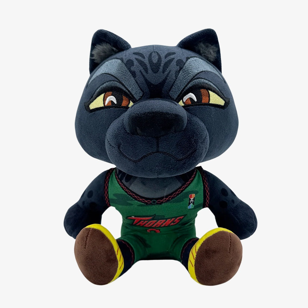 The ZoDoll GOAT Sony Thorns Plush Toy Collection features a soft 20cm x 24cm stuffed black panther in a green basketball jersey and yellow-accented shoes—ideal for collectors who love cute, kawaii plush dolls.