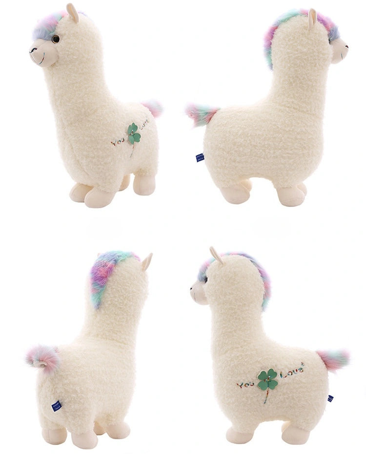 Four views of the ZoDoll Cute Alpaca Plush Toy—a soft stuffed alpaca plush doll with white fur, pastel rainbow mane and tail, plus a clover and "You & Love" embroidered on its side—perfect for any kawaii collection.