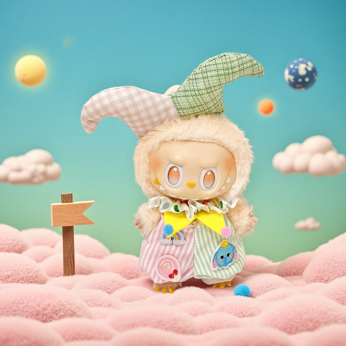 The ZoDoll Labubu Doll wears a pastel striped clown-witch outfit with a ruffle collar and stands on a pink fluffy surface, with a small wooden sign beneath a blue sky filled with clouds and floating spheres.