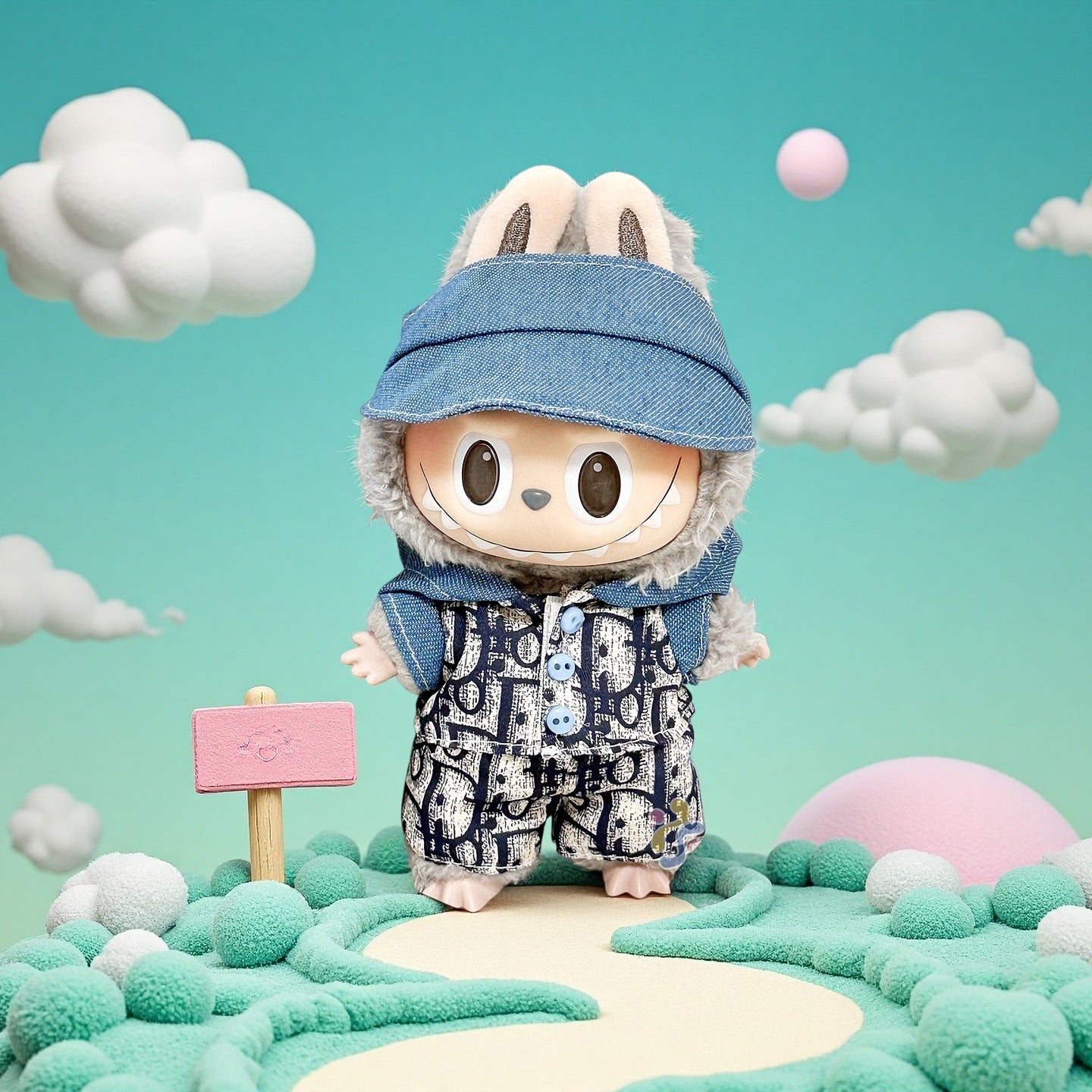 The ZoDoll Labubu Denim Hood Luxury Monogram Jumpsuit Doll stands in a pastel cartoon landscape with green hills, a pink sign, and white clouds under a blue sky, wearing rabbit ears and a blue denim streetwear outfit.