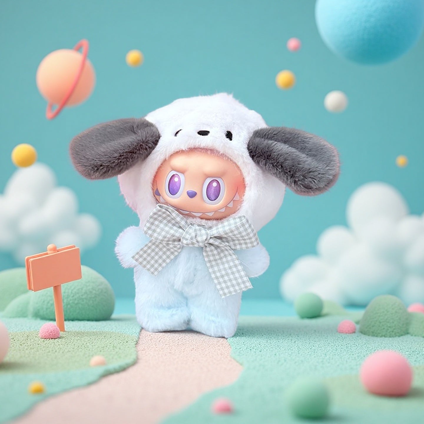 The ZoDoll Labubu White Puppy Plush Onesie features large purple eyes and a blue fuzzy jumpsuit with a gingham bow, standing on a pastel landscape of spheres, clouds, and a small sign.