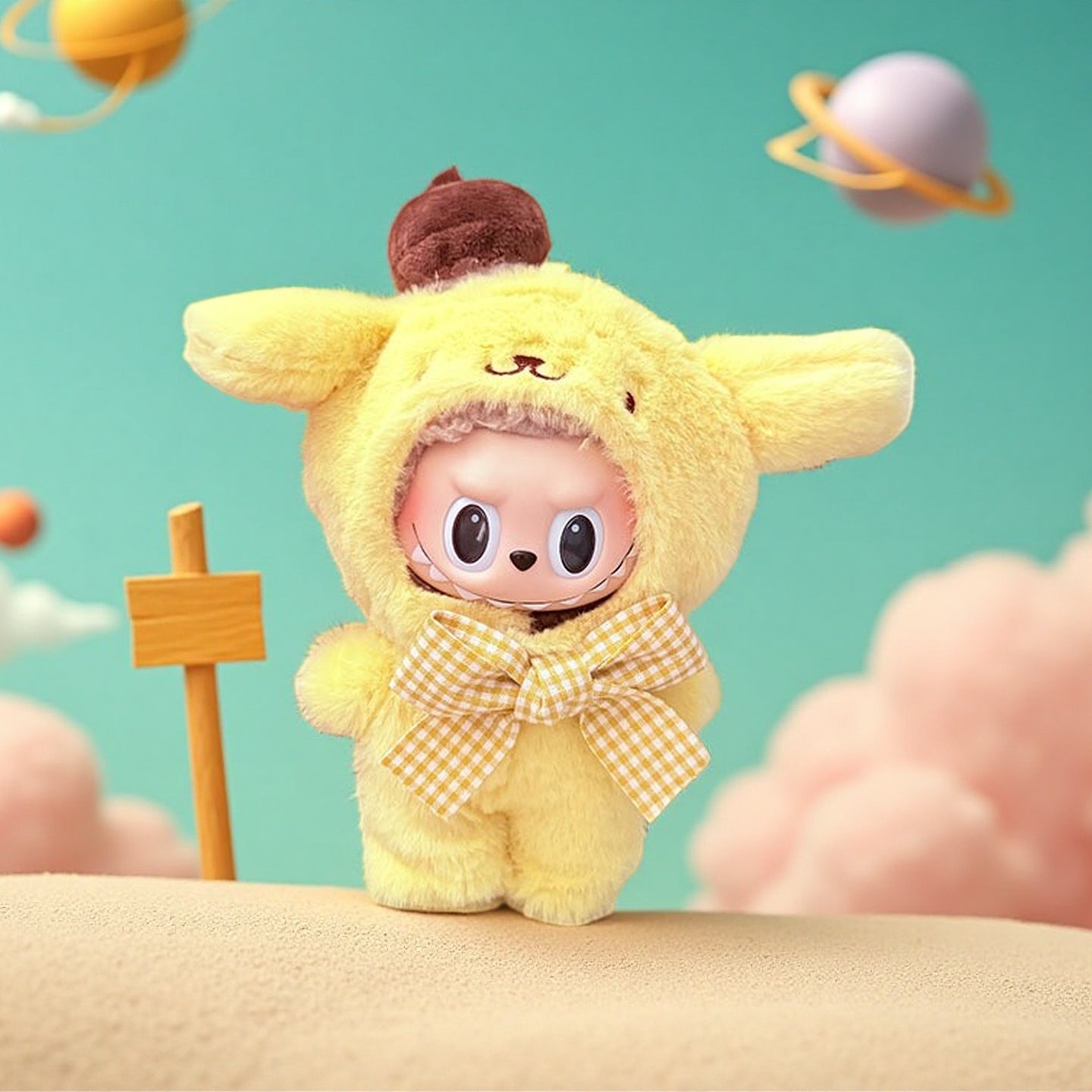 A ZoDoll figure wears a Labubu Yellow Pompompurin Plush Onesie with Gingham Bow and brown hat, standing on sand with pastel clouds and planets in the background.