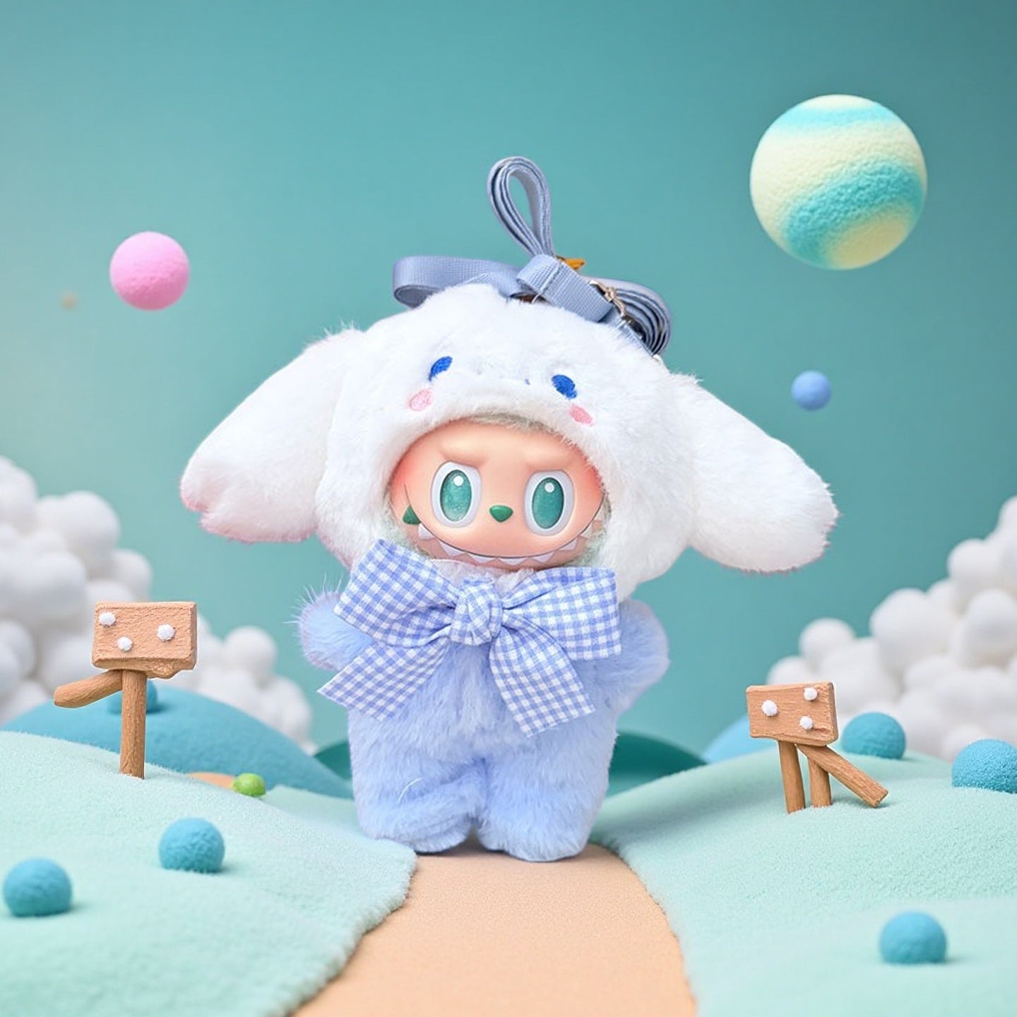 The ZoDoll Labubu Doll wears a white fluffy puppy onesie and blue gingham bow, featuring big blue eyes and floppy bunny ears, standing on a pastel landscape with clouds and round shapes.