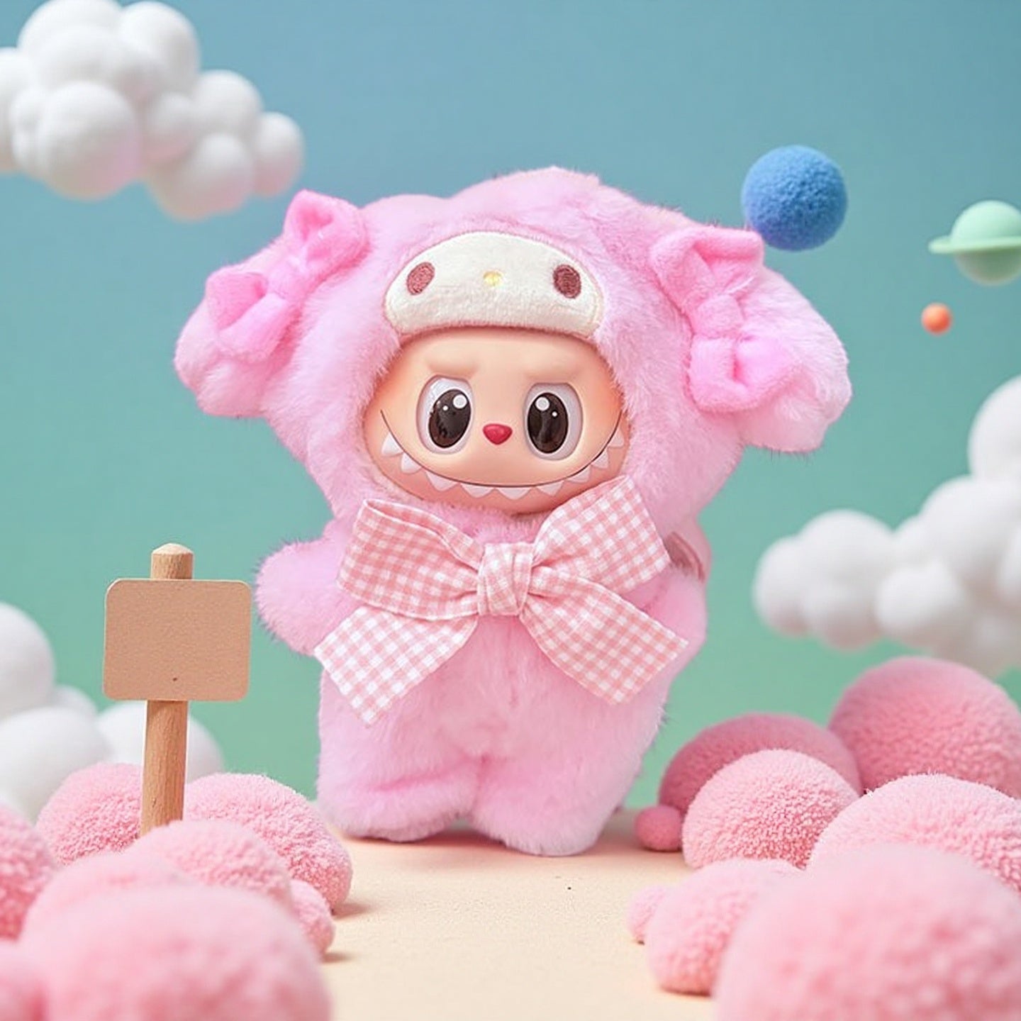 The ZoDoll Labubu Pink Fluffy Monster Onesie with Gingham Bow Doll Costume stands among soft pink and white props, surrounded by clouds and balls on a pastel-colored background.