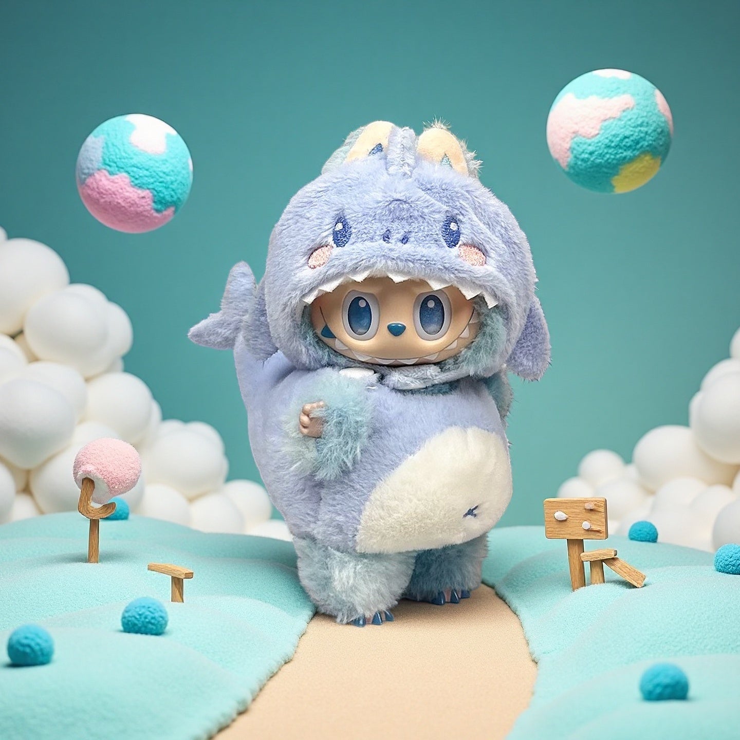 The ZoDoll Labubu Doll wears a Blue Fluffy Shark Monster Onesie Costume and stands on a pastel path with cotton-like trees and two floating globes against a turquoise background.