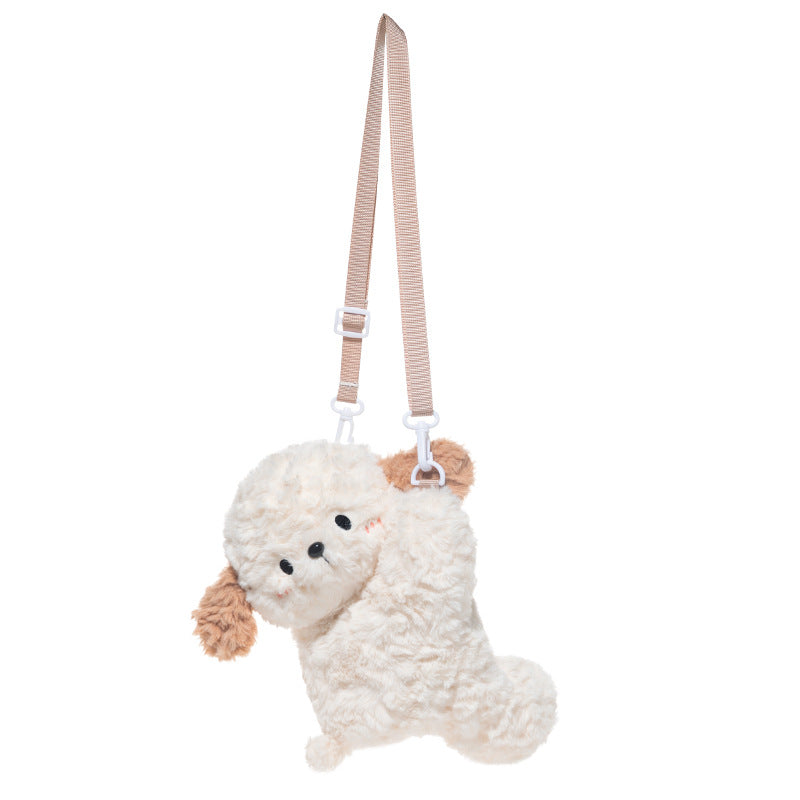 The JOOKI Plush Puppy Crossbody Bag is an 18×26cm fluffy dog-shaped purse featuring a soft white and beige design, floppy ears, black eyes, pink nose, and adjustable tan strap—perfect as a kawaii accessory for any dog lover.