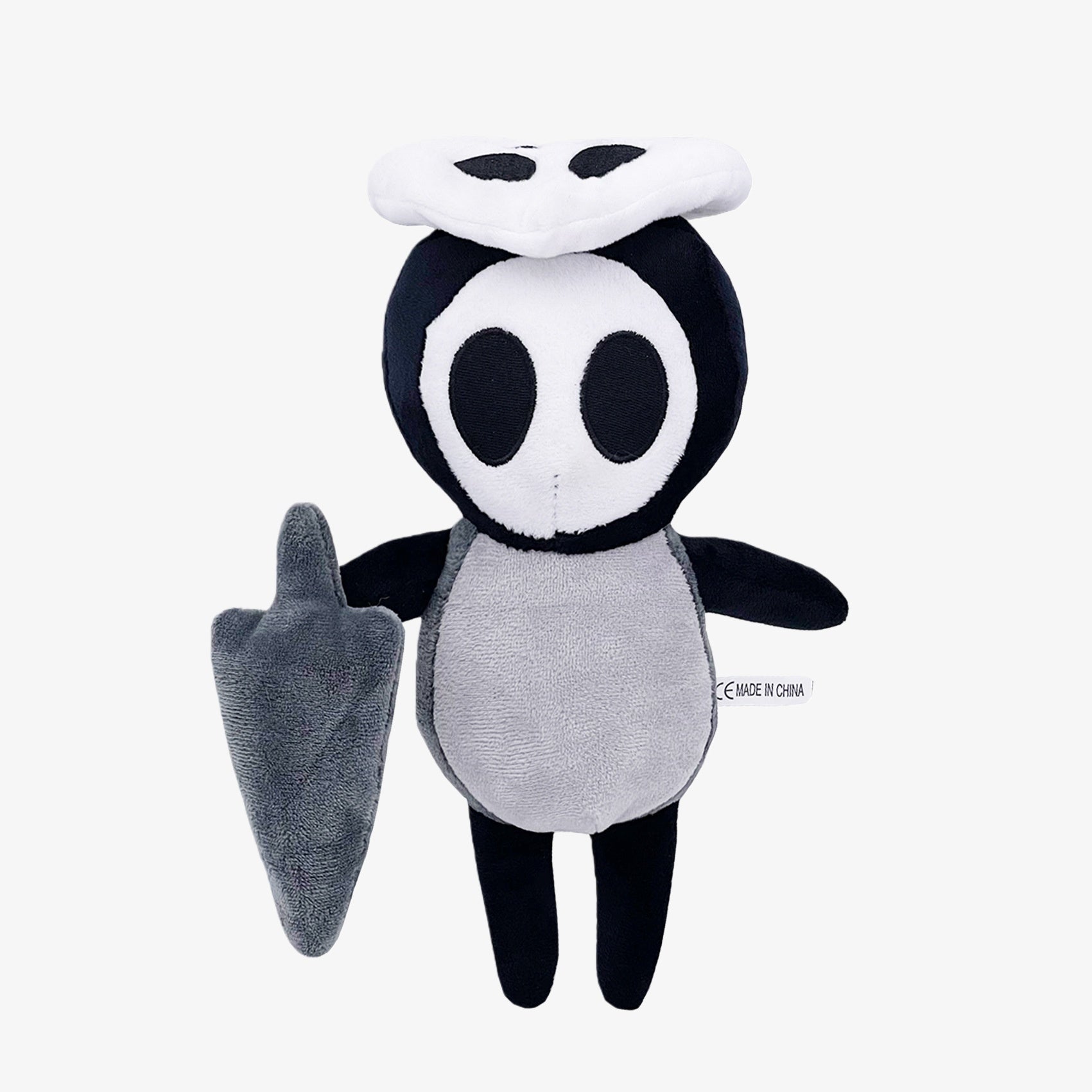 The Hollow Knight Officially Licensed Plush Doll is a 10.24-inch gray and black bug character with a shield accessory, featuring a white mask and black eyes—a soft, collectible toy by Hollow Knight.