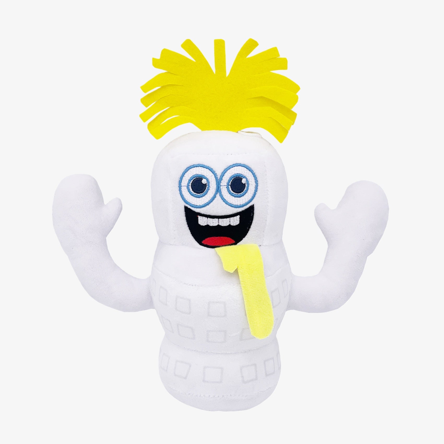 The Steal a Brainrot White Brainrot Character Plush Toy features yellow spiky hair, blue eyes, a wide smile, yellow felt tongue, and raised arms. This 10.6” funny cartoon monster plush appears on a plain white background.