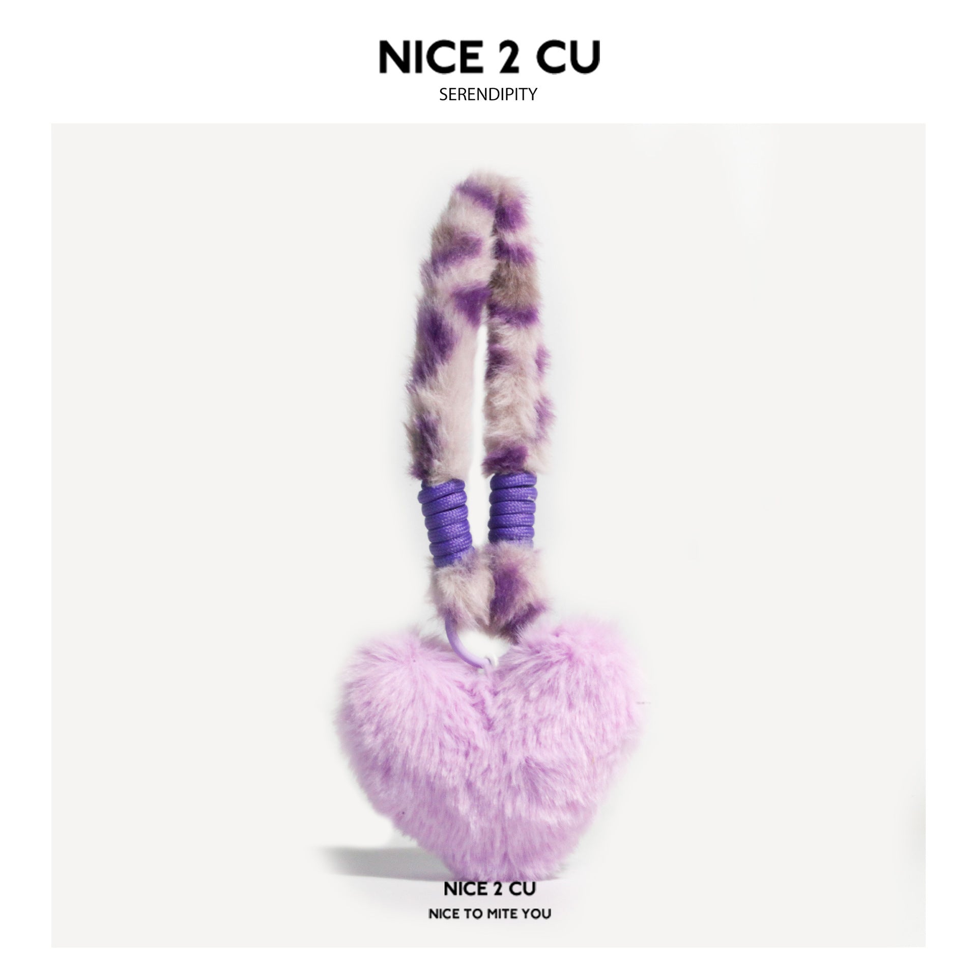 Fluffy light lavender heart-shaped plush bag charm with purple loop straps