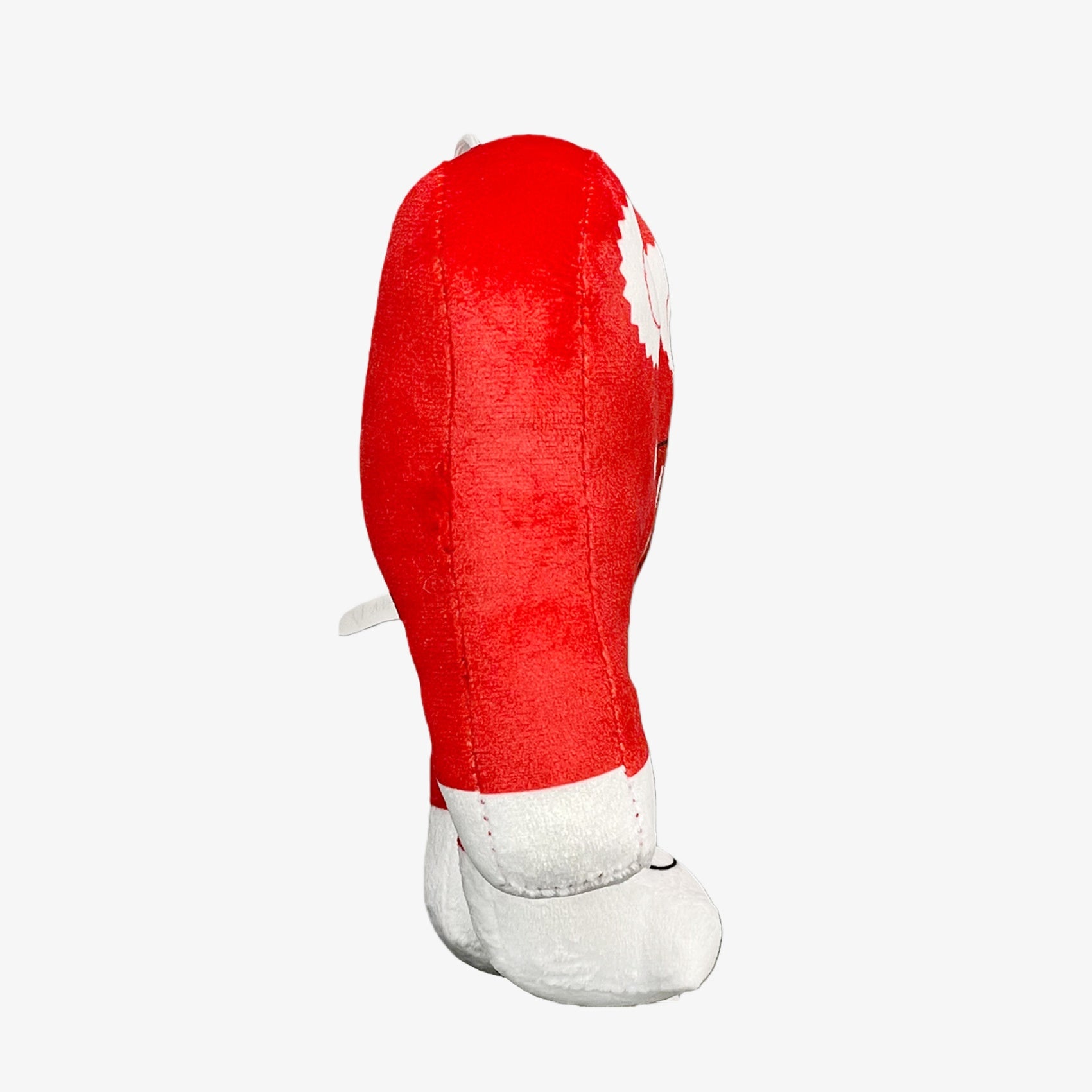 The Steal a Brainrot Inspired Three-Head Red Character Plush Toy, a 7-inch triple-face stuffed figure, stands upright with its abstract design and maple leaf detail facing away on a plain white background.