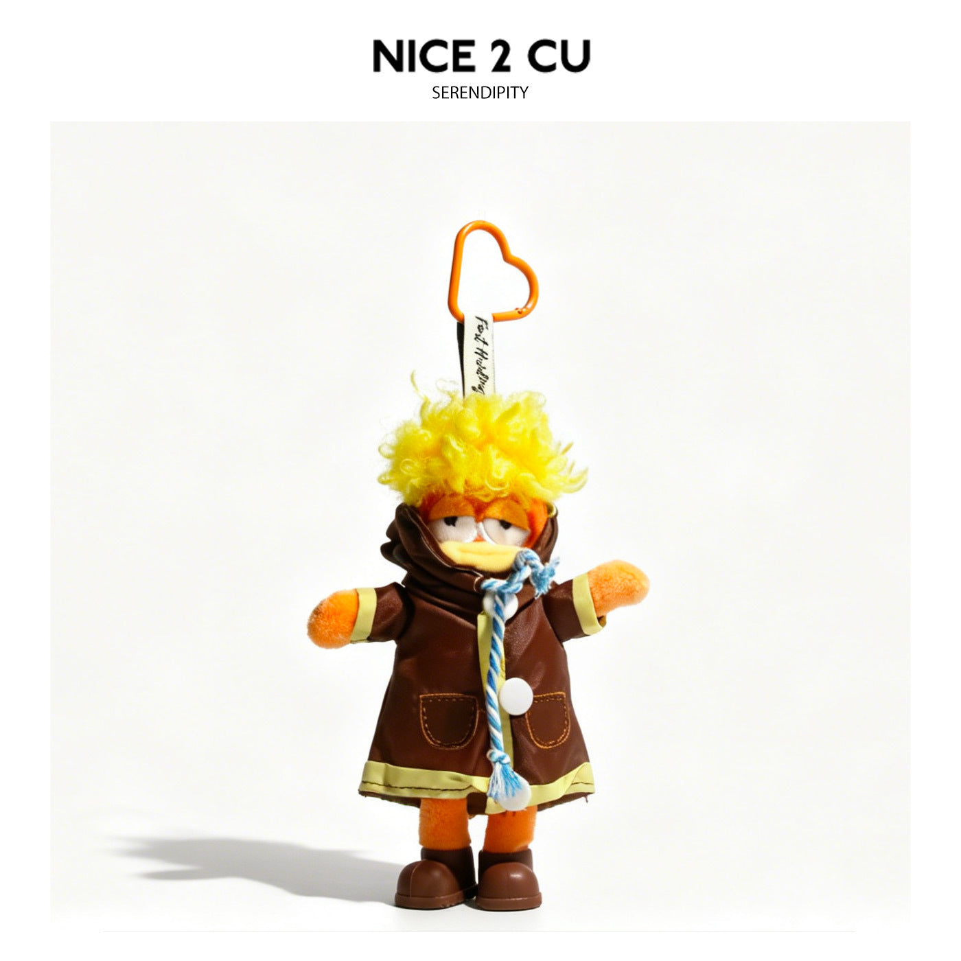 Orange cartoon plush pendant wearing dark brown coat with yellow trim, blue-and-white rope tie, and brown shoes on orange car