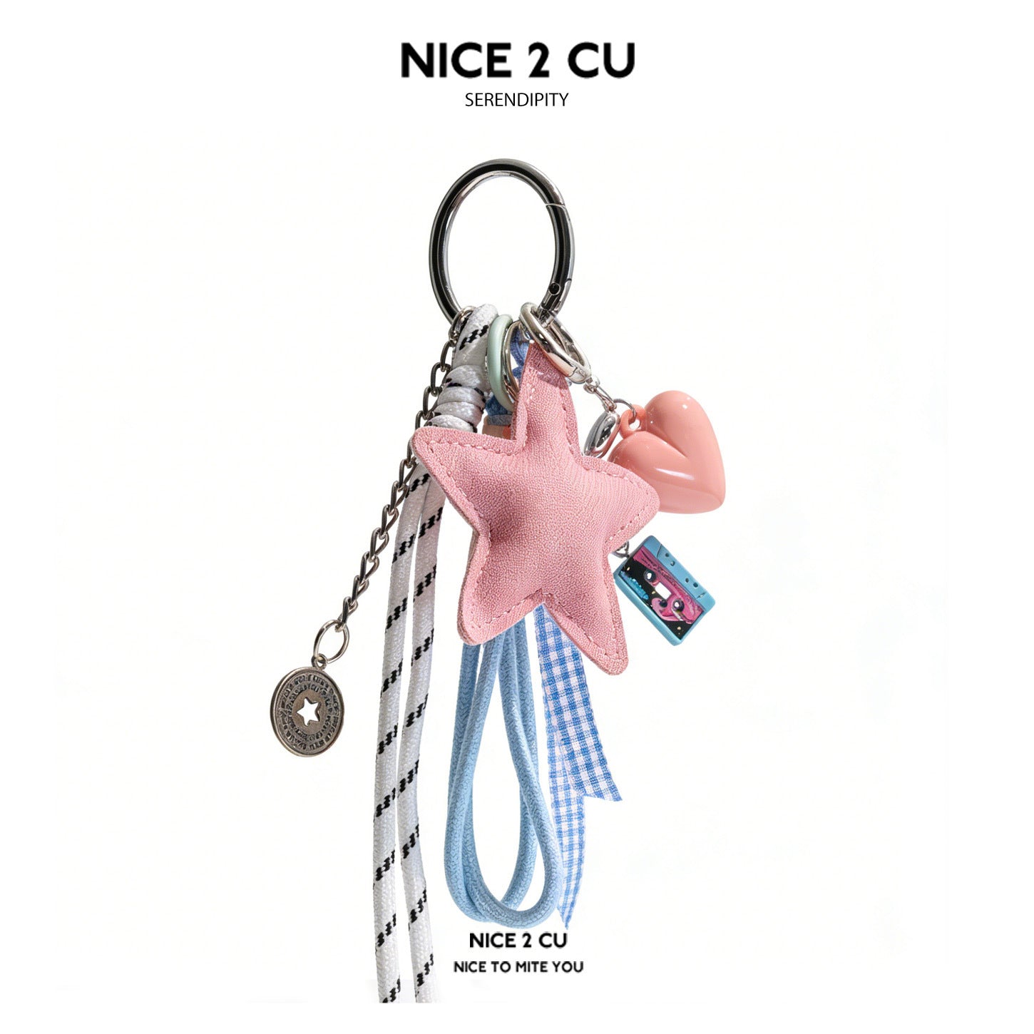 Pink padded star bag charm keychain with heart charm, gingham ribbon strip, braided cord tassel, and silver coin medallion pe