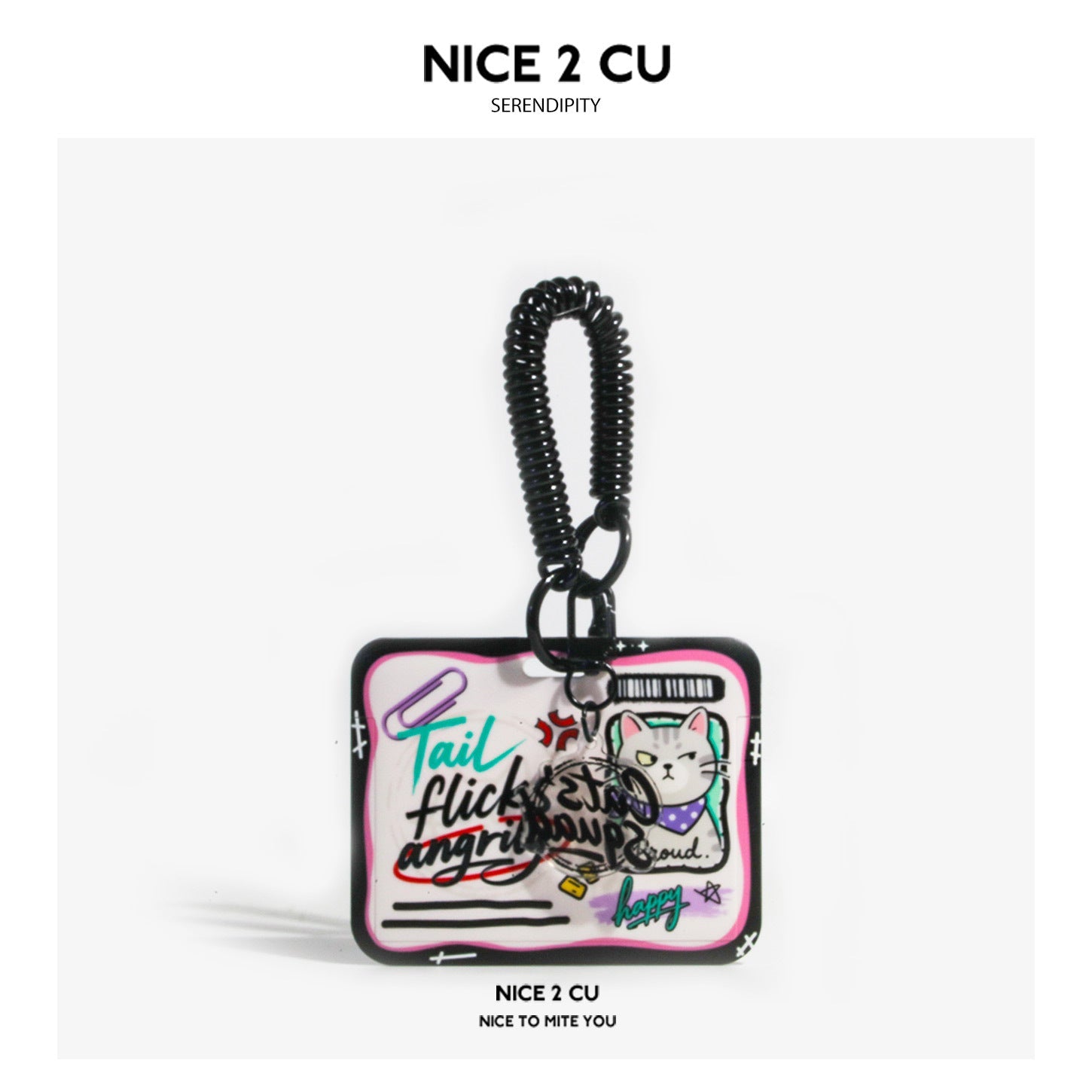 Gray cat card holder with pink-accented white front panel and black coil wrist strap