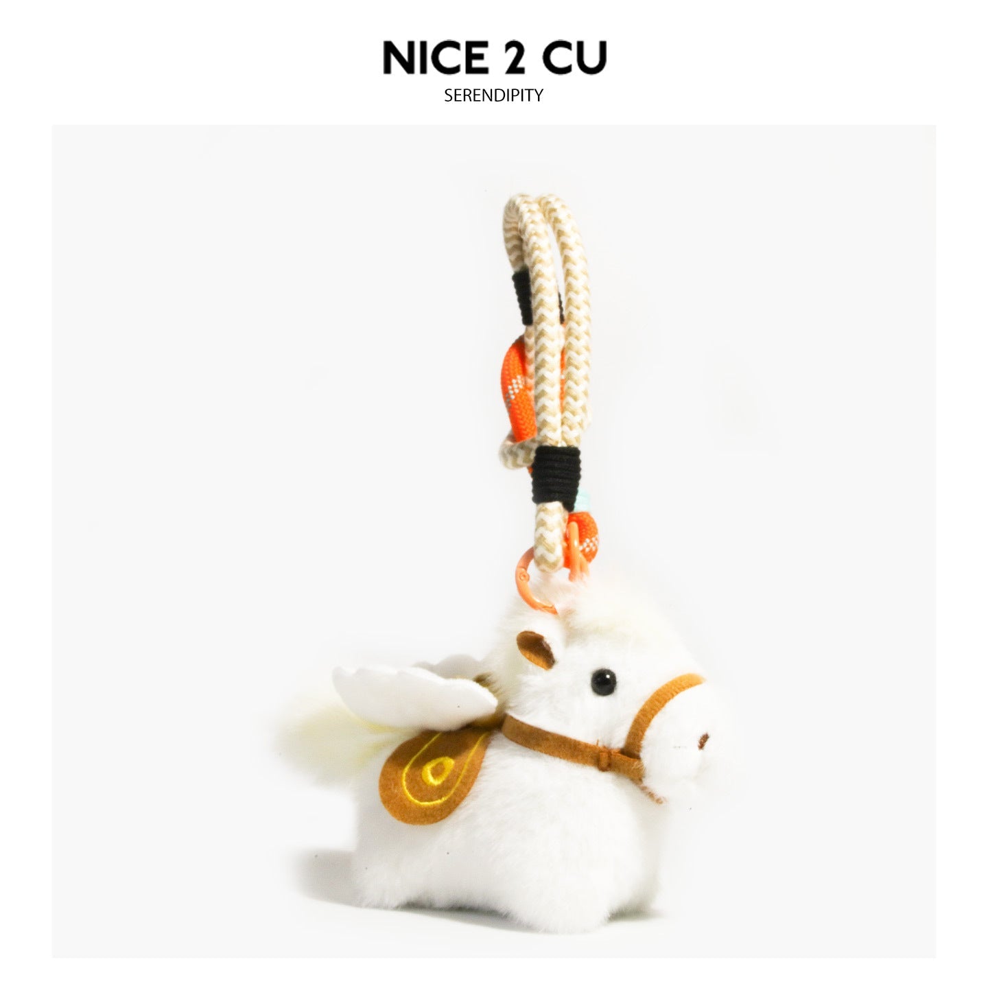 White fluffy flying horse plush charm with brown harness, golden wing accent, and orange braided hanging cord
