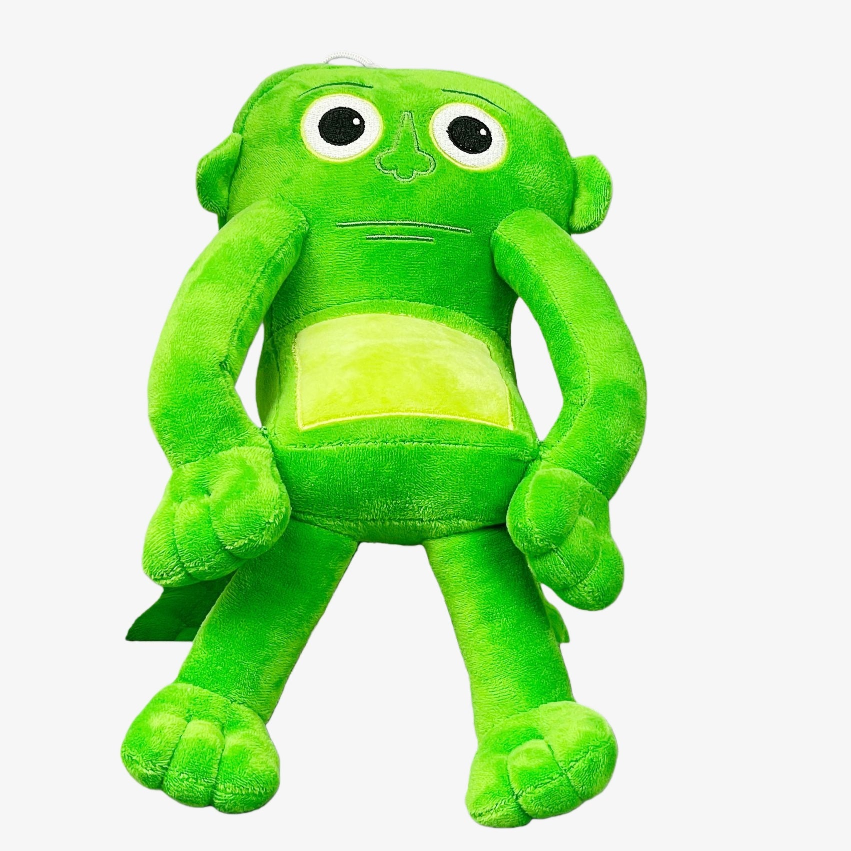 The Steal a Brainrot Inspired Green Humanoid Plush Toy features large eyes, a flat expression, long arms, flat feet, and a hanging loop—a unique 9.1-inch bright green collectible plush for fans of soft cartoon character dolls.