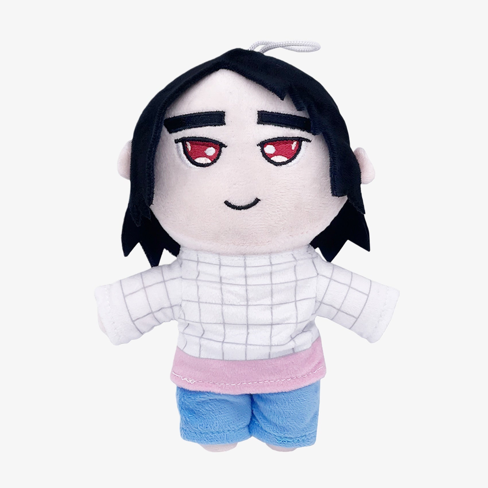 The Demon Hunters Anime Plush Doll is an 8-inch soft stuffed toy featuring a black-haired, red-eyed female character in a white checkered shirt, blue pants, pink waistband, and includes a hanging loop. Brand: Demon Hunters.