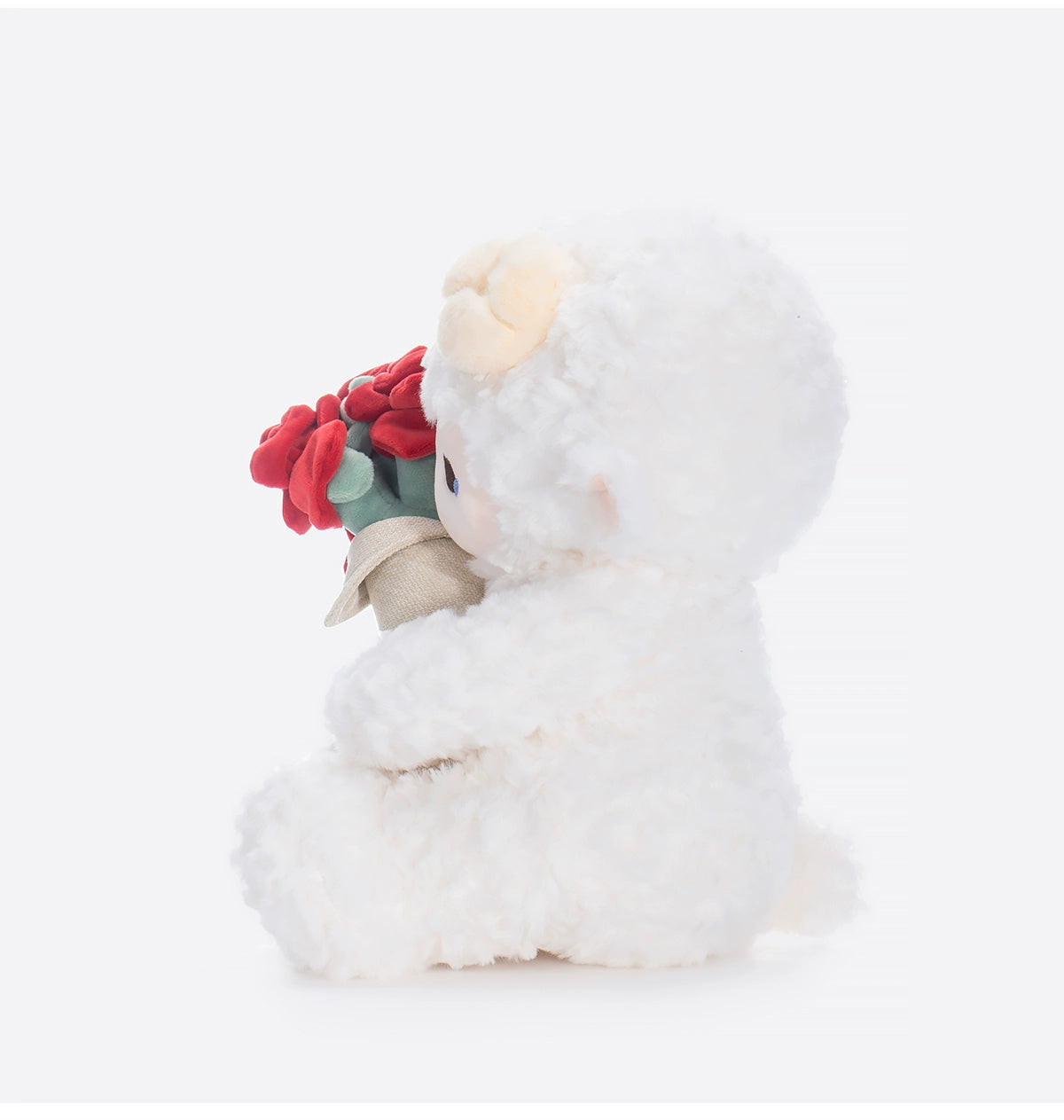 The ZEIO Rose-holding Lamb Plush Toy 29cm features an adorable sheep doll in a white costume, holding plush red roses—a charming Valentine’s gift, captured facing left on a plain white background.