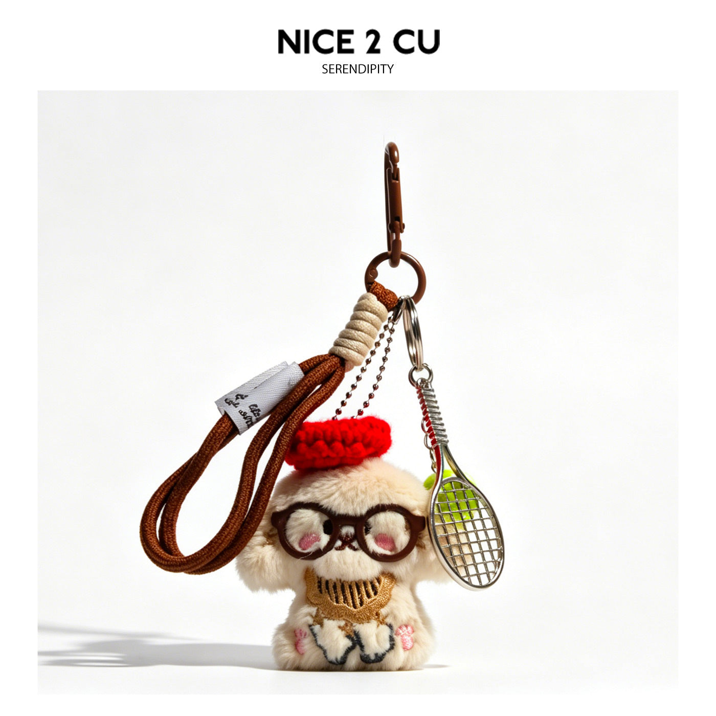 Soft plush dog bag charm with red hat and round glasses attached to silver tennis racket and green ball charms