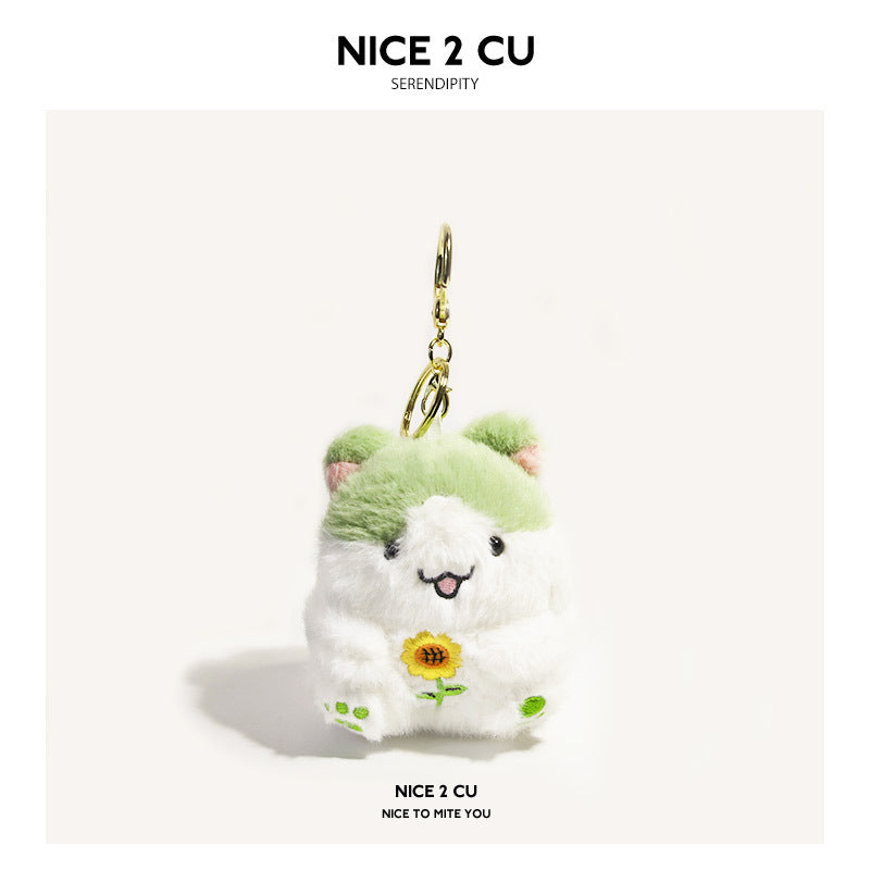 Green-hat kawaii plush hamster bag charm with sunflower chest embroidery and gold lobster clasp