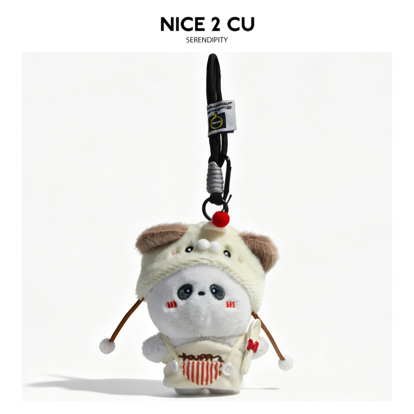 Tea-time panda plush keychain pendant in cream and light brown with striped apron detail and black hanging clip