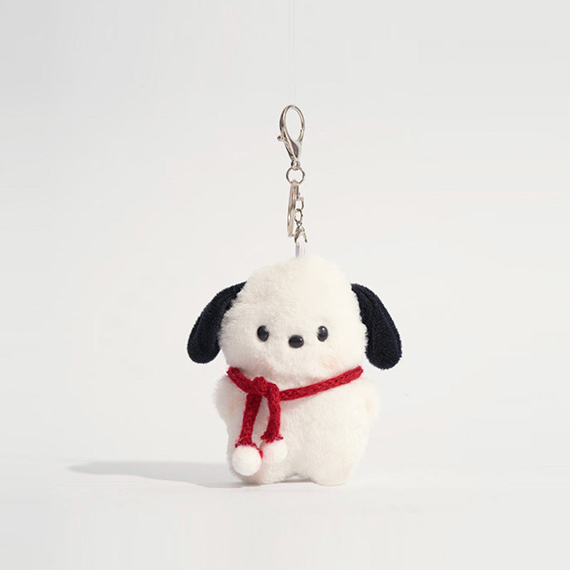 White plush dog keychain charm with black ears wearing a plain red scarf and no accessories