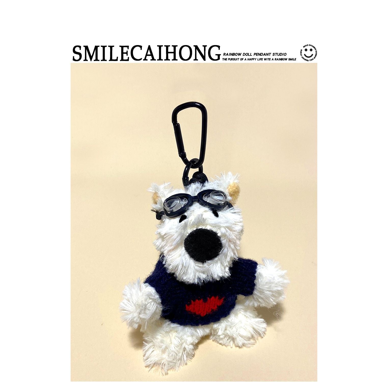 Standing Westie plush keychain in dark blue heart-print sweater with black goggles and black clip