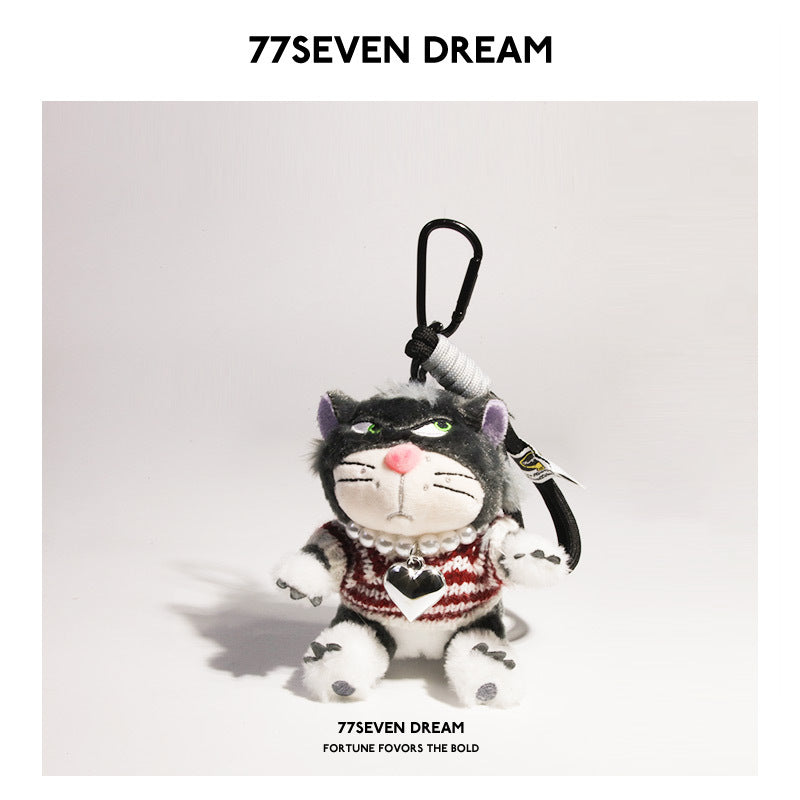 Black-face cat plush charm in dark red and white striped sweater with bead necklace and heart pendant