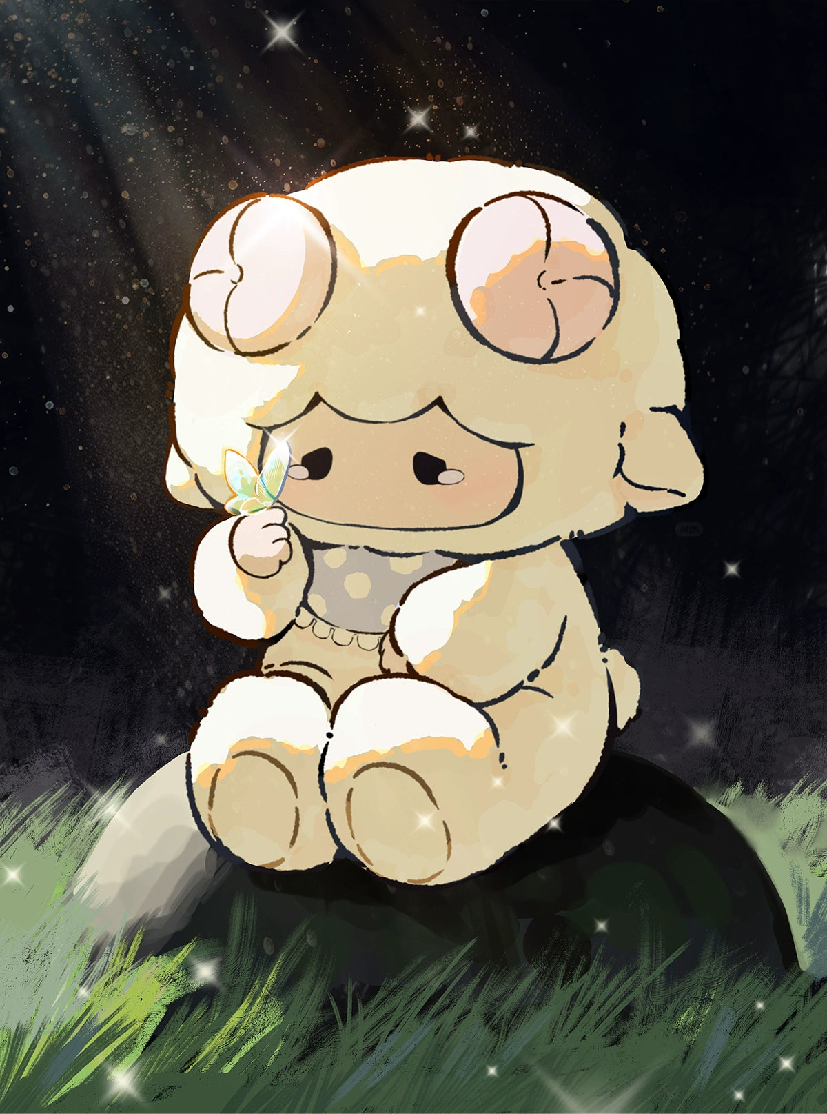The ZEIO Sheep Plush Keychain is a 16cm soft fuzzy lamb doll with a bow and clip, sitting on a rock in the grass at night, holding a glowing butterfly under a beam of light.