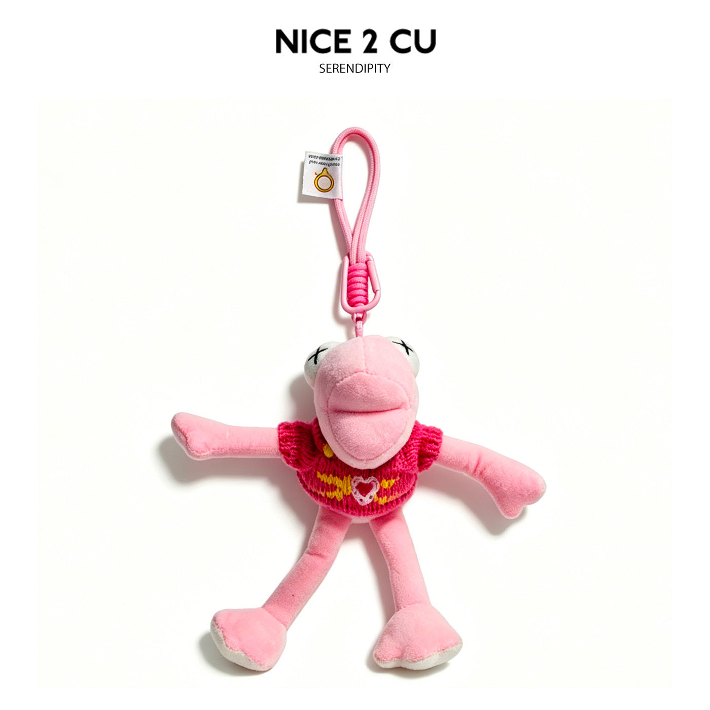 Pink long-limbed plush frog bag charm wearing a dark pink ribbed top with a rainbow-themed necklace detail and pink paracord
