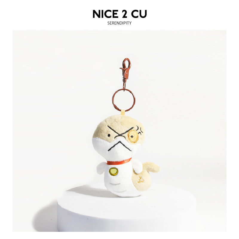 Cartoon dog plush keychain charm with angry scowling face, furrowed brows, cream and white body, and gold-tone clasp