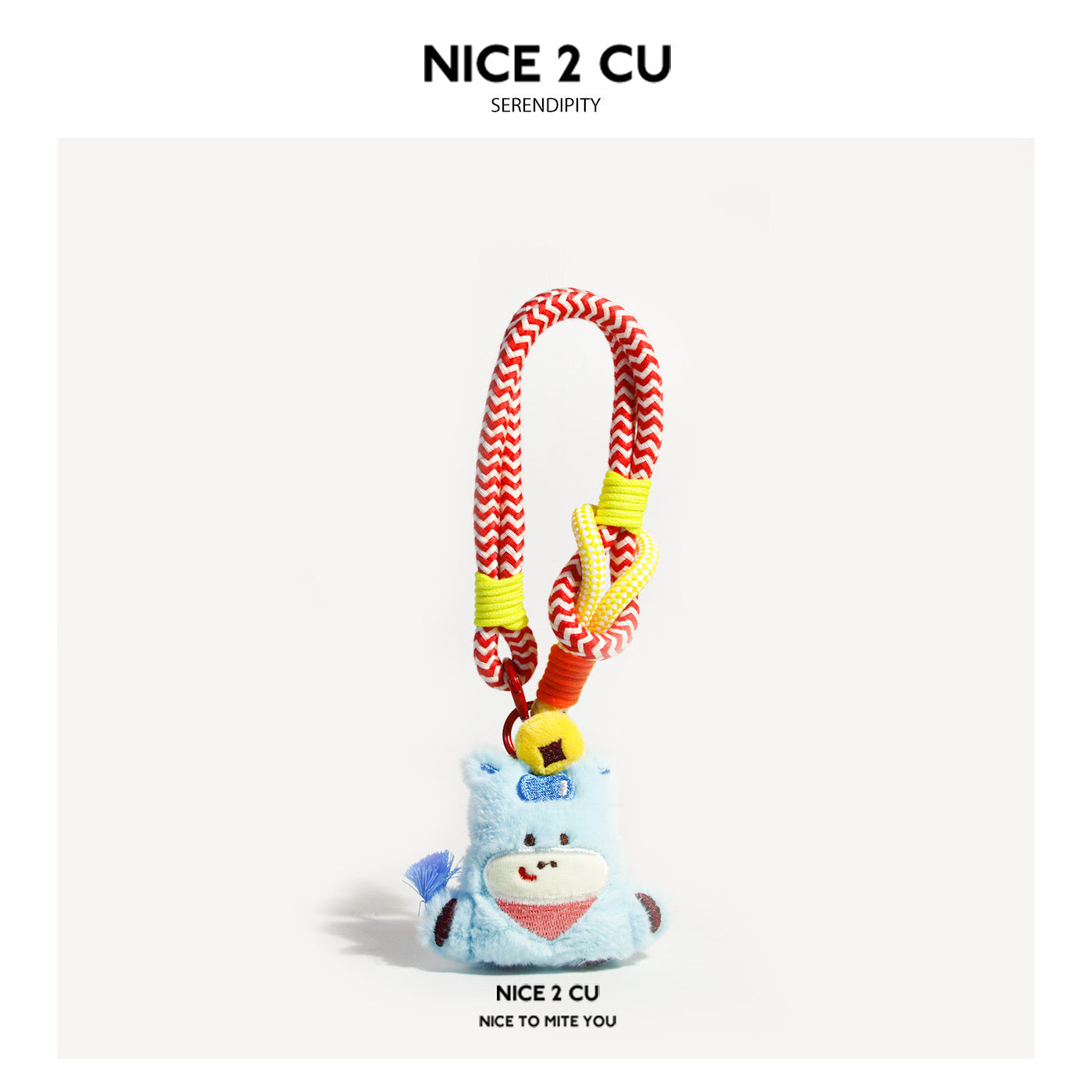 Light blue plush animal charm pendant with white face, pink chest patch, and red-and-white braided loop cord