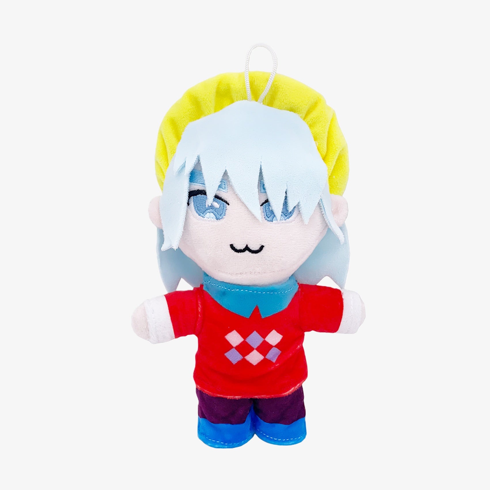 Demon Hunters Anime Plush Doll 8-Inch—light blue hair, diamond pattern red shirt, yellow hat, purple pants, blue shoes; soft stuffed toy with hanging loop by Demon Hunters. Shown on white background.