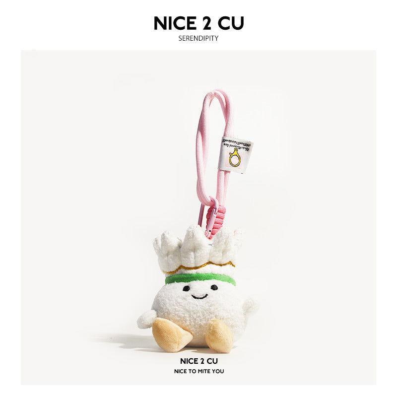 Kawaii shuttlecock plush keychain charm with pink hanging cord and green gold midsection band