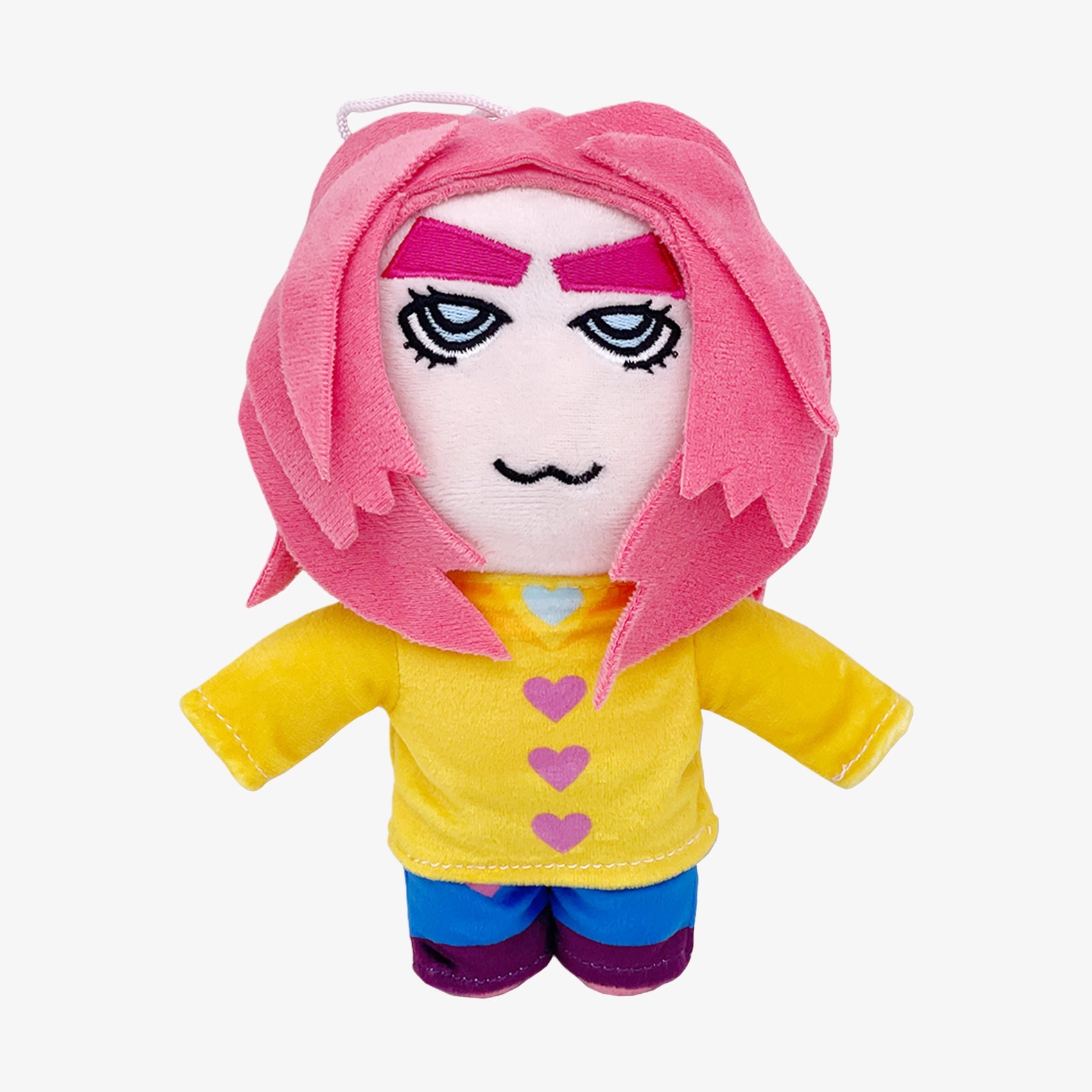 The 8-inch Demon Hunters Anime Plush Doll features a pink-haired female character with large pink eyebrows, a yellow shirt with purple hearts, and blue pants—perfect collectible merchandise for fans. Includes hanging loop. Brand: Demon Hunters.