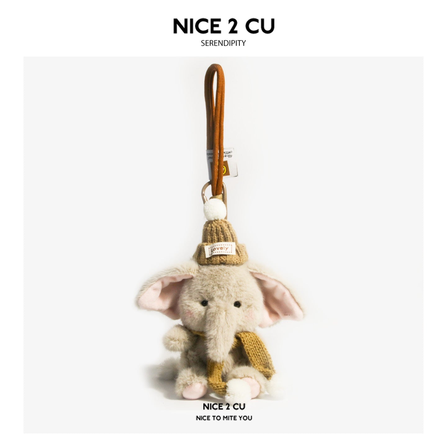 Beige plush elephant keychain charm wearing a brown knitted hat with white pompom and matching scarf