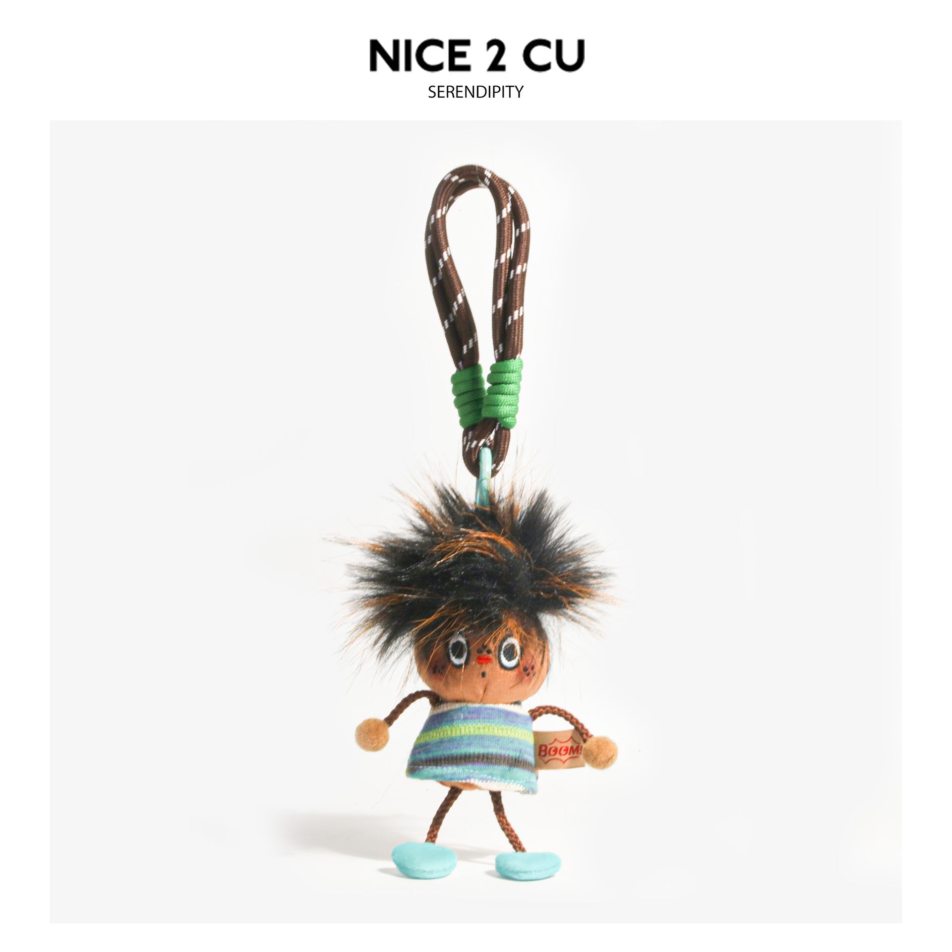 Dark shaggy-haired plush charm in multicolor striped shirt and light blue shoes on hanging cord