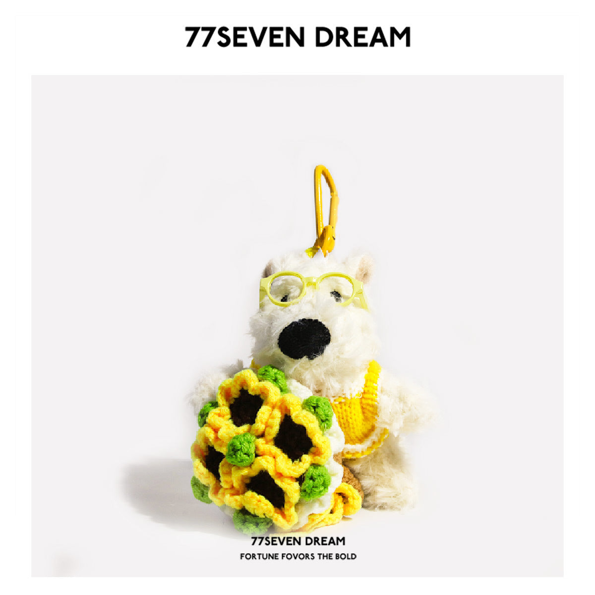 White Westie plush keychain with yellow glasses, yellow outfit details, and a yellow-and-green knitted bouquet