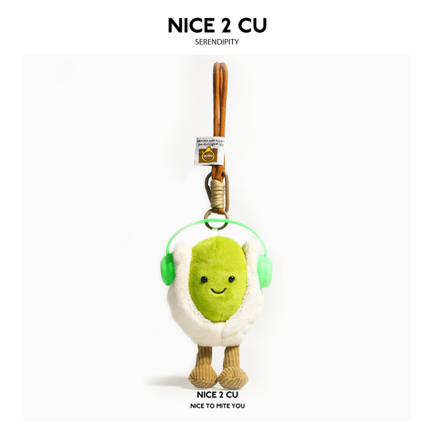 Pistachio plush bag charm with bright green headphones and corduroy-textured legs