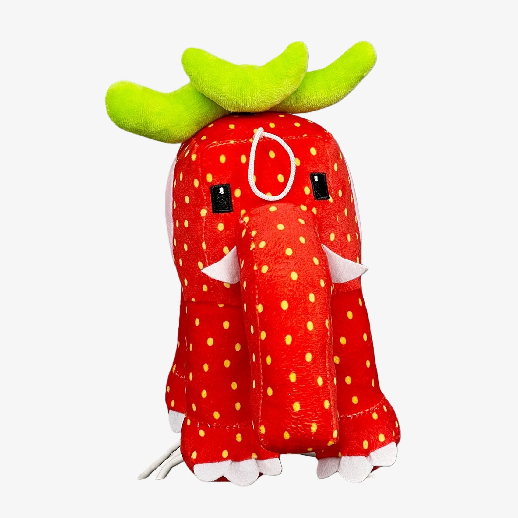 The Steal a Brainrot Inspired Strawberry Elephant Plush Toy is a 9.8-inch soft stuffed collectible featuring a red body with yellow spots, white tusks, trunk, and green leafy topper—available in two colors.