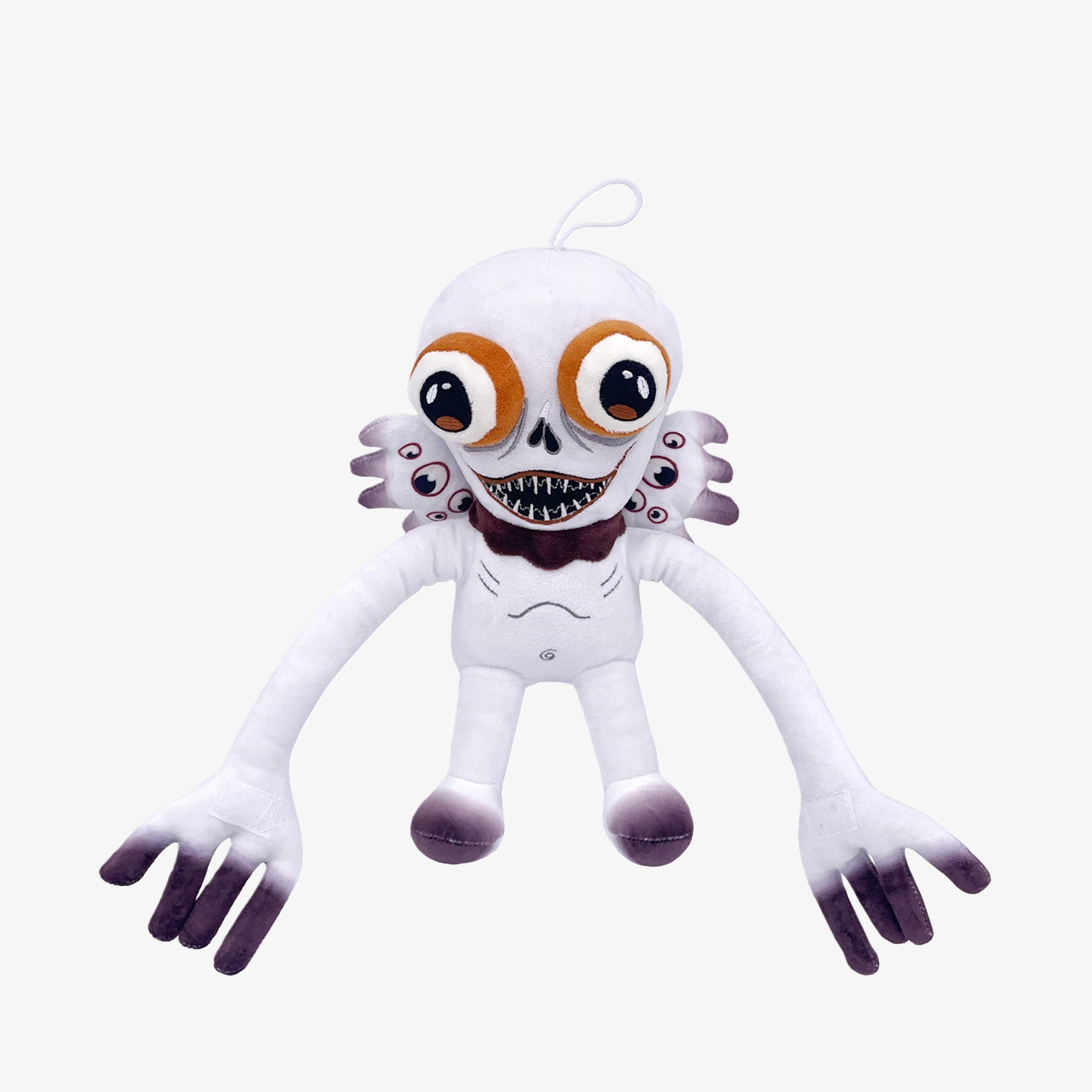 The Amazing Digital Circus Inspired Plush Toy is an 11-inch creepy skeleton cartoon doll with long arms, sharp teeth, multiple small side eyes, and dark fingers—a funny horror stuffed figure from The Amazing Digital Circus.