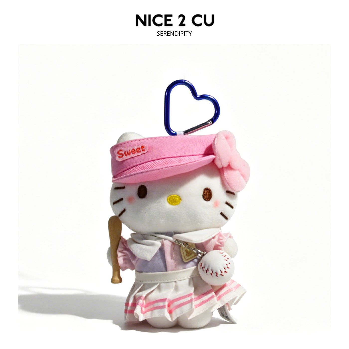 Cartoon cat plush keychain in pink baseball outfit with bat charm and baseball charm, blue heart clip