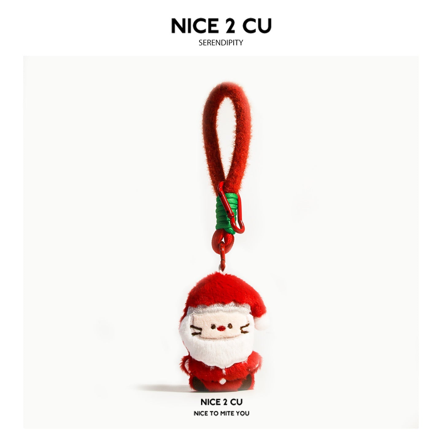 Santa Claus plush charm with red suit, white beard, and dark boots on a red clip loop