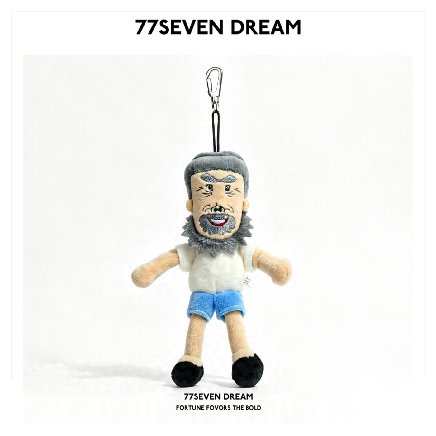 Soft plush cartoon grandpa keychain charm with gray beard, white top, blue shorts, and silver carabiner clip