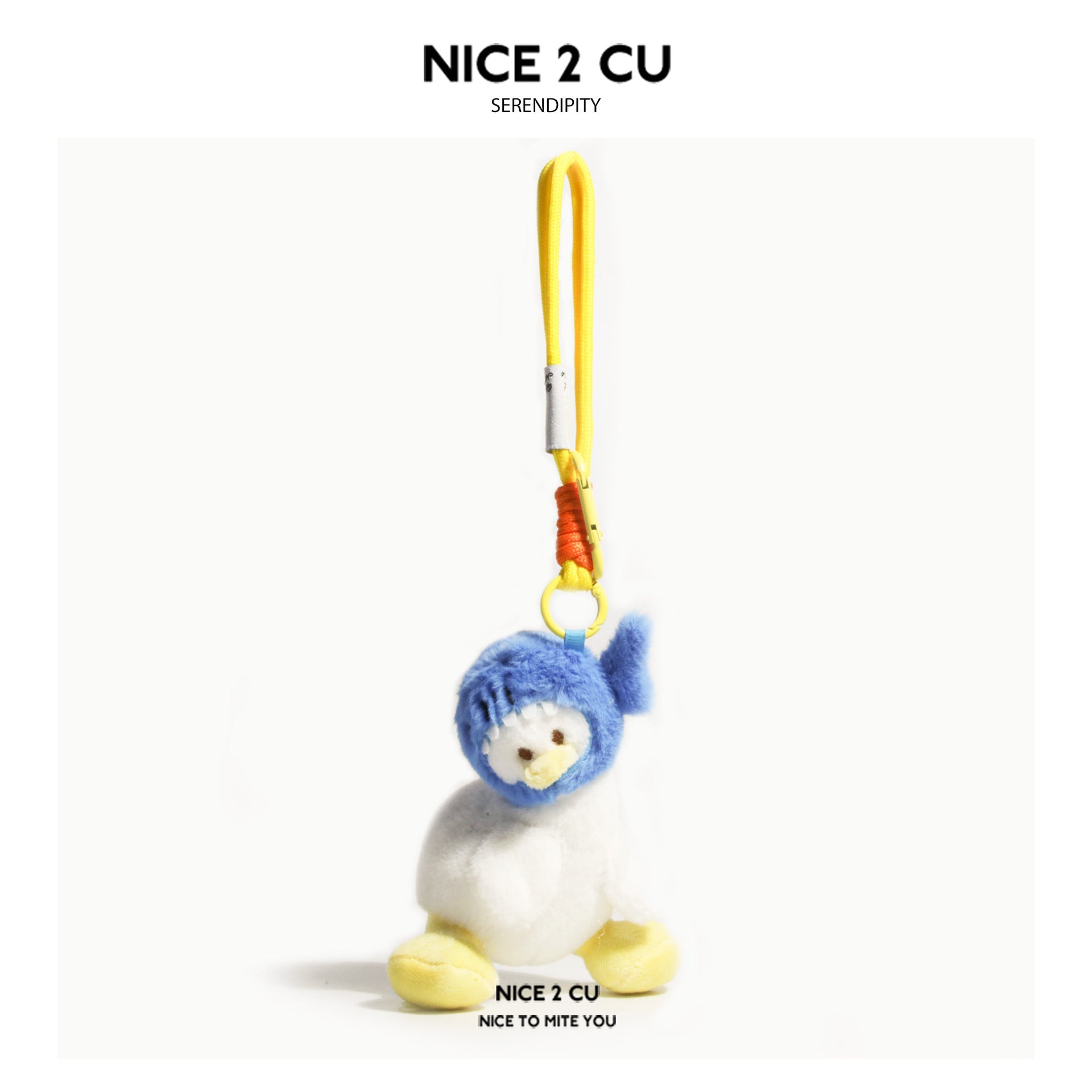White plush duck bag charm with blue animal-ear hood and yellow carabiner loop clip