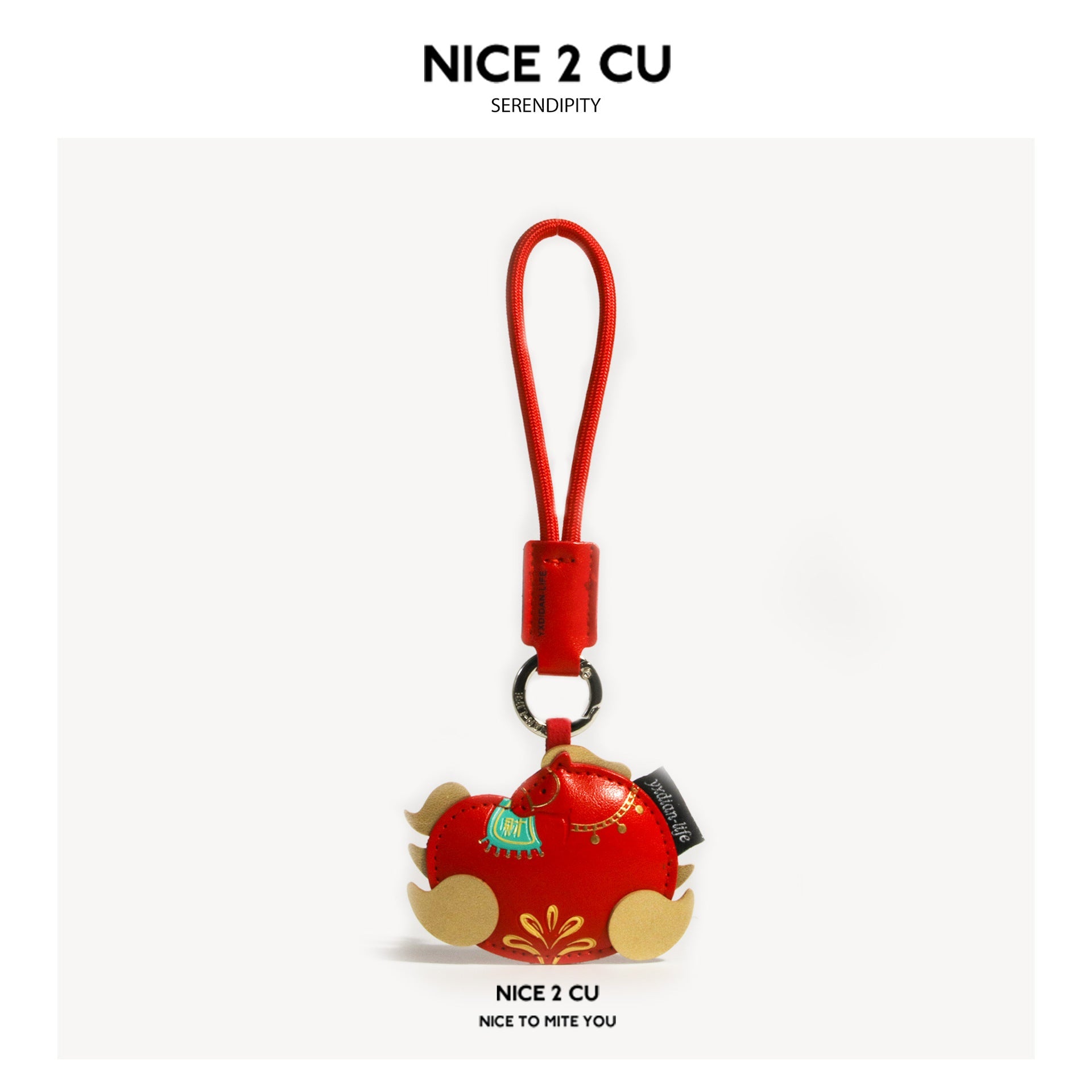 Round red horse keychain charm with gold feet, turquoise accents, and Fu blessing character cloud design