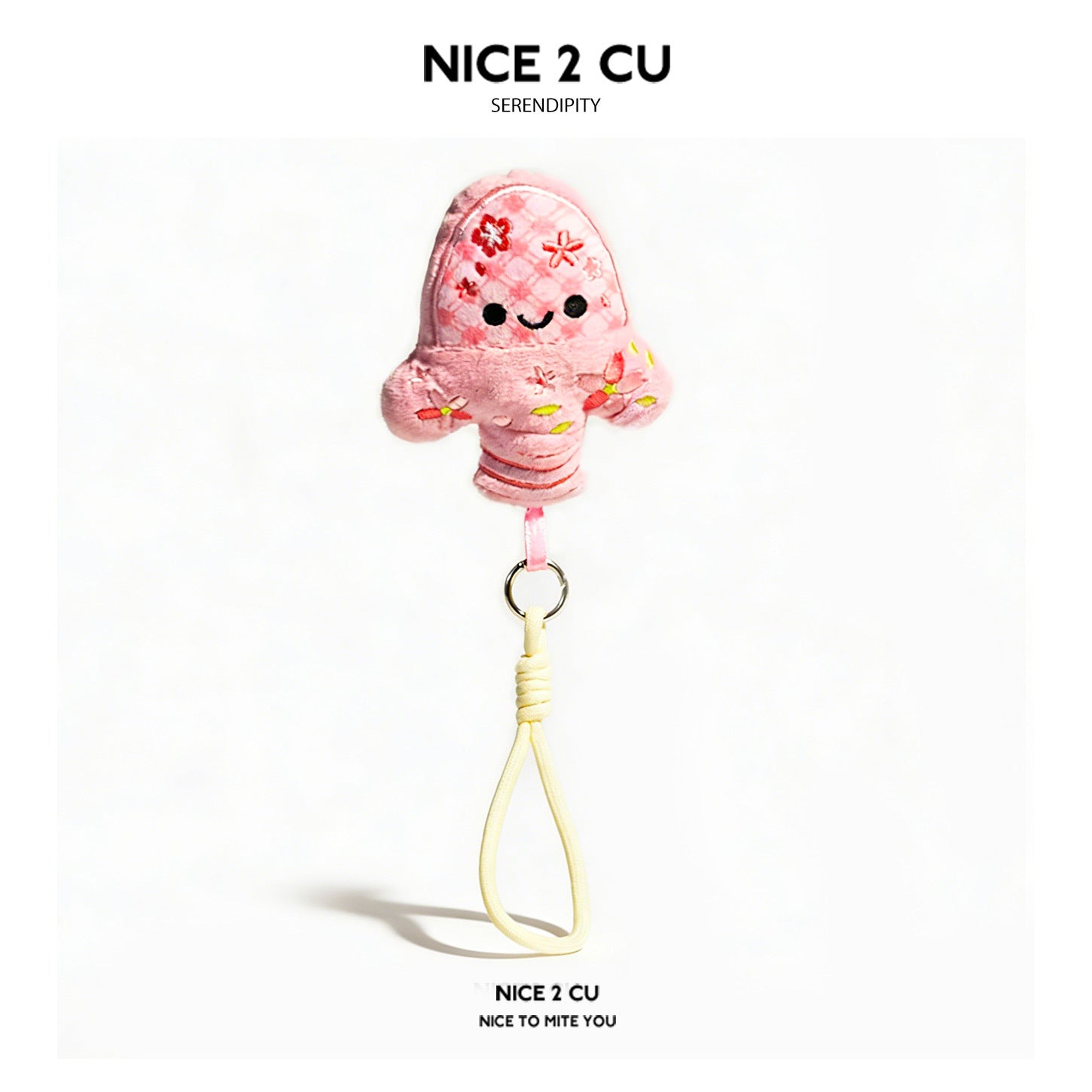 Pink cherry-blossom sword plush keychain pendant with floral accents, smiling face, metal ring, and cream cord loop