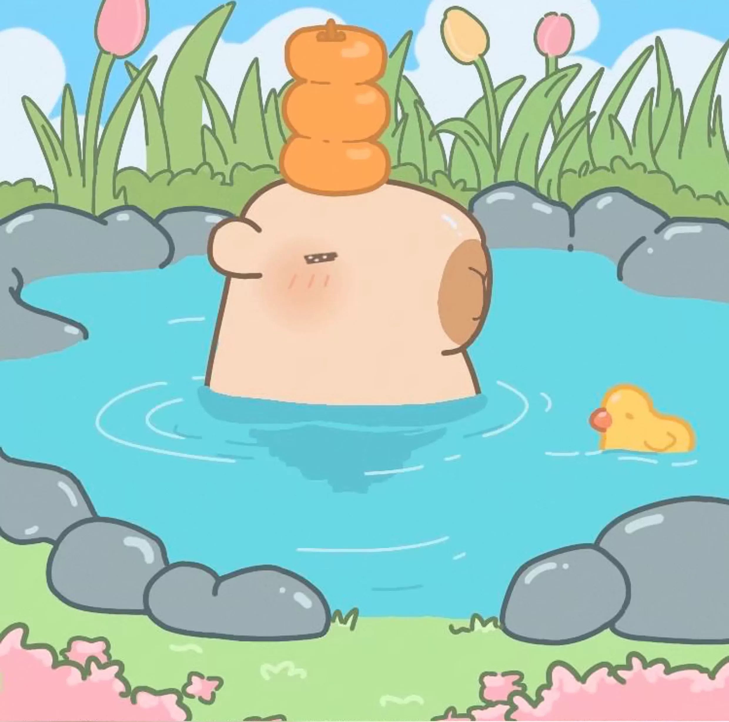A cute cartoon figure with an orange stack-shaped hat sits in a pond with rocks, flowers, a yellow duck, and the ZEIO Guinea Pig Plush Keychain 11cm—a soft mini cavy keyring charm adding extra whimsy to the scene.